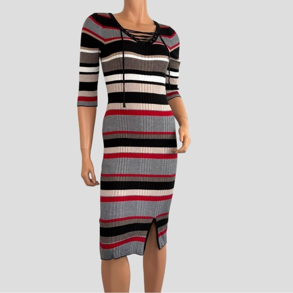 Pink Rose Women’s Rib Knit Midi Dress Lace-up Striped Stretchy Sz S/P Y2K Indie